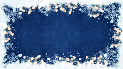 Christmas / winter festive celebration background banner template - Frame made of snow with snowflakes bokeh lights and ice crystals on dark blue colored texture, top view with space for text