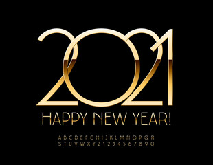 Vector stylish greeting card Happy New Year 2021! Glossy Elite Font. Elegant Gold Alphabet Letters and Numbers