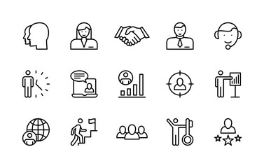 Business management, vector linear icons set. Work and success, business people, interaction, trust handshake, organization, team and more. Isolated collection icons of business people for websites.