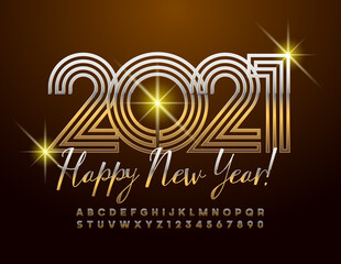 Vector chic Greeting Card Happy New Year 2021. Golden Alphabet Letters, and Numbers. Geometric chic Font.