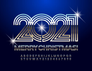 Vector stylish greeting card Merry Christmas 2021! Maze style Font. Silver metal Alphabet Letters and Numbers set