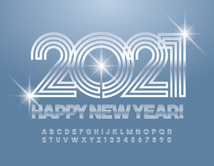 Vector silver greeting card Happy New Year 2021! Maze style Font. Metallic reflective Alphabet Letters and Numbers