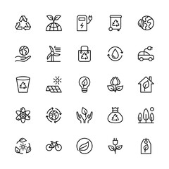 Eco friendly and alternative energy sources in minimal style, vector linear icons. Linear symbols of ecology. Simple set symbol. Energy icon collection. Isolated collection of eco icon for websites.