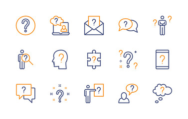 Questions and problem, ask and think, color vector linear icons set. Contains icons as puzzle, difficulty, confused man, question mark and more. Isolated collection of questions for web sites.