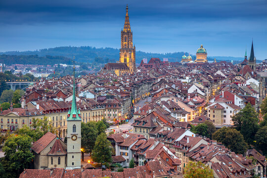 City of Bern. Aerial cityscape image of the capital city of Bern, Switzerland at twilight blue hour.