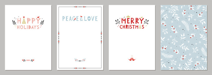 Bold Merry Christmas greeting cards. Universal trendy Winter Holidays art templates. Vector backgrounds.