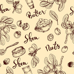 Seamless Pattern with branch Shea tree with fruits, nuts, leaves and Shea butter. Detailed hand-drawn sketches, vector botanical illustration. For cosmetics, medicine, aromatherapy.