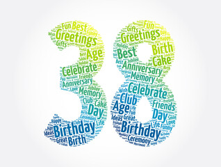 Happy 38th birthday word cloud, holiday concept background