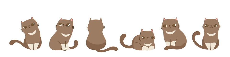 Obraz premium Set of cats in different poses, Isolated on white background. Character design. Vector illustration, Cartoon doodle style.