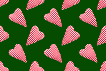 Christmas seamless pattern. Top view soft red heart pads on green background. Love concept flat lay