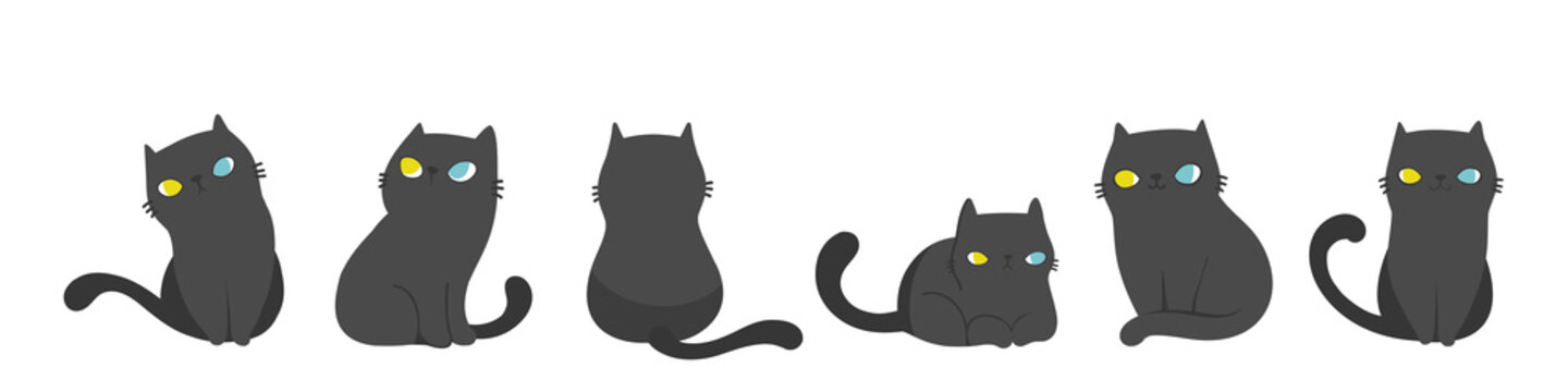 Set of cats in different poses, Isolated on white background. Character design. Vector illustration, Cartoon doodle style.