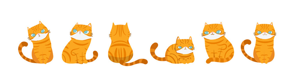 Set of cats in different poses, Isolated on white background. Character design. Vector illustration, Cartoon doodle style.