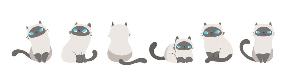 Set of cats in different poses, Isolated on white background. Character design. Vector illustration, Cartoon doodle style.