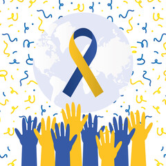 down syndrome day ribbon on world with hands up vector design