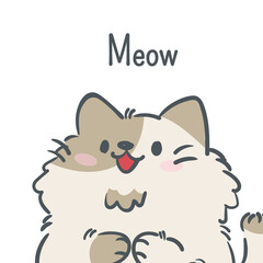 Hand drawn cute cartoon cat with lettering " Meow ". Isolated on white background. Character design. Vector illustration, Cartoon doodle style.