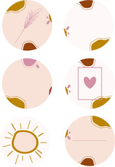 Round icons for social networks in pink . Suitable for bloggers and current Instagram stories. Set of hand drawn round icons for social networks. Pink icons for women. Doodle illustration isolated on 