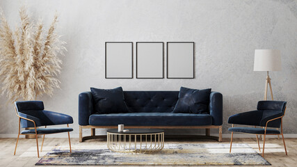 Three blank poster frames on gray wall mockup in modern luxury interior design with dark blue sofa, armchairs near cofee table, fancy rug on wooden floor, 3d rendering