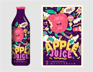 Apple juice poster and label bottle layout. Illustration with outline.
