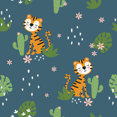 Wildlife animals. Cute tiger with simple greens vector illustration. Jungle life clipart vector design. Seamless pattern design.
