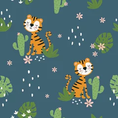 Wall murals Jungle  children room Wildlife animals. Cute tiger with simple greens vector illustration. Jungle life clipart vector design. Seamless pattern design.