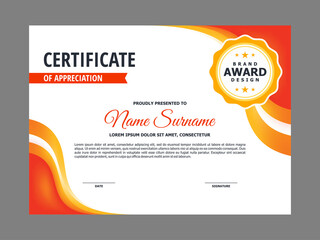 Fototapeta premium Abstract Smooth Certificate with Orange Corner Wavy Element Design, Professional, Modern, Elegant Certificate Template Vector