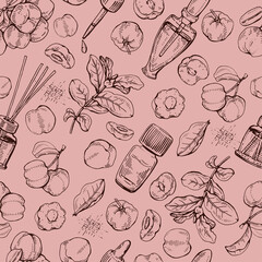 Seamless Pattern with branch acerola cherry, fruit, flower and glass bottle with oil and accessories. Detailed hand-drawn sketches, vector botanical illustration.