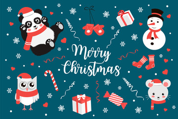 Cute christmas card with panda and animals. Vector illustration
