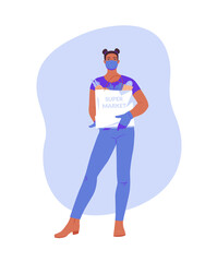 A girl in a face mask and gloves with a bag of groceries from the supermarket. Safe delivery of products from the supermarket. .Vector illustration on white background.