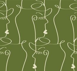 Abstract One Line Drawing Woman Faces Masks Repeating Vector Pattern with Isolated Background