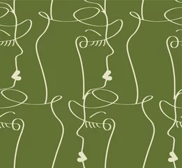 Tuinposter Lijnkunst Abstracte één lijntekening vrouw gezichten maskers herhalende vector patroon met geïsoleerde achtergrond