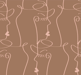 Abstract One Line Drawing Woman Faces Masks Repeating Vector Pattern with Isolated Background