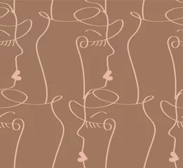 Peel and stick wall murals One line Abstract One Line Drawing Woman Faces Masks Repeating Vector Pattern with Isolated Background