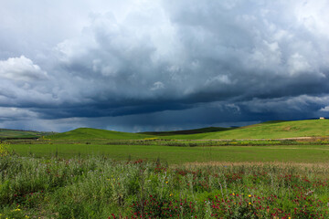 Natural beautiful landscape with stormy sky with clouds over the green field.