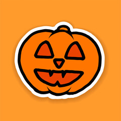 vector illustration of halloween pumpkin with eyes and smiley face isolated on orange background. hand drawn vector. doodle halloween party. modern scribble for poster, greeting, invitation, sticker. 