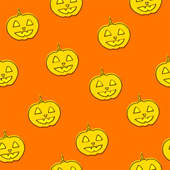 halloween jack o lantern pumpkin seamless pattern isolated on orange background. hand drawn vector. geometric pattern, doodle halloween party for wallpaper, invitation, greeting, wrapping paper, gift.
