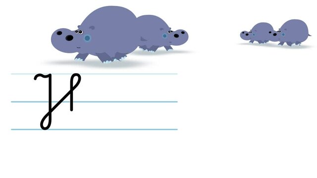 H letter writing like hippo cartoon animation. A compatibile part of the alphabet serie. Handwriting educational style for children. Good for education movies, presentation, learning alphabet, etc...