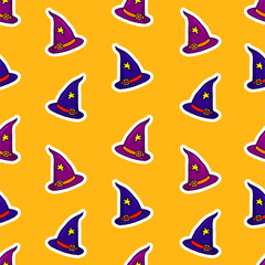 halloween witch hat seamless pattern isolated on yellow background. hand drawn vector. halloween hat with star and ribbon. modern scribble for kids, wallpaper, cover, backdrop, wrapping paper and gift