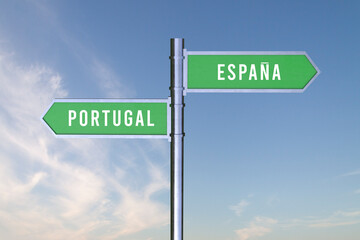 Sign indicating the direction of the borders between two countries España, Portugal ,Spain,  3d render.