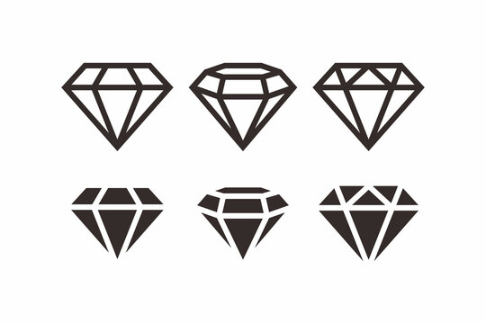 Set of Simple Flat Black Diamond Icon Sign Illustration with Outlined Style Design, Silhouette Jewel Diamond Symbol Collection Template Vector