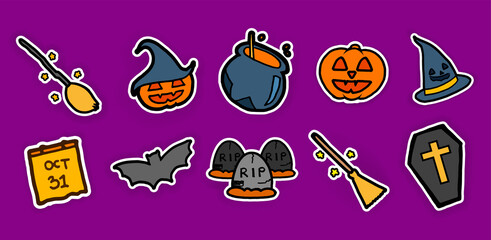 set of halloween icon isolated on violet background. pumpkin, calender, coffin, broom, witcher hat, bat and magic couldron. hand drawn vector. landscape template for kids, halloween icon, banner. 