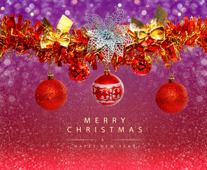 greeting card with red Christmas balls and red tinsel garland