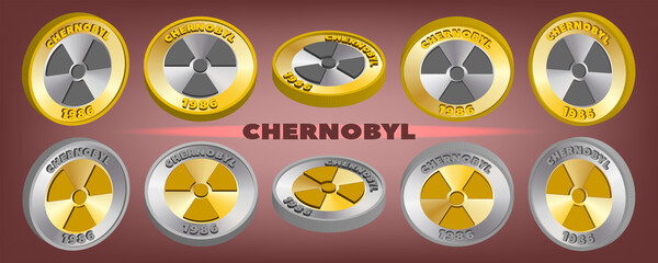3d set of bimetallic coin-shaped tokens with the inscriptions Chernobyl 1986 and a sign of radioactive danger. EPS10