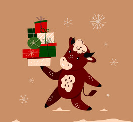 Christmas,Happy New Year Greeting Card.Cute Cartoon Bull with Gifts Boxes.Cow Chinese 2021 Symbol.Holiday Animal.Winter Festive Atmosphere.Festive Design.Calendar,Cards,Advertising.Vector illustration