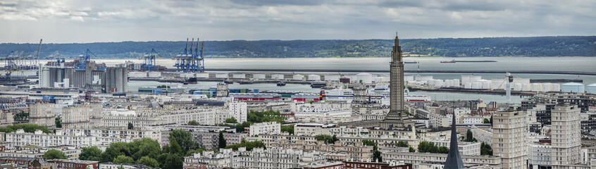 Panoramic view of Le Havre from Hanging gardens (Jardins Suspendus). Port of Le Havre with portal...