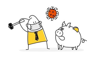 Stick man in protection mask with a hammer in his hands trying to break the piggy bank. Virus.