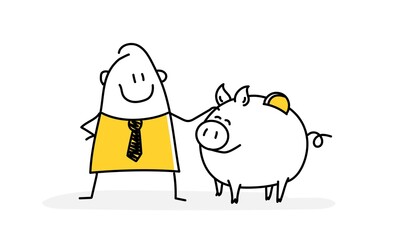 Funny stick man with a big piggy bank with a coin on his back. Concept of loving savings.