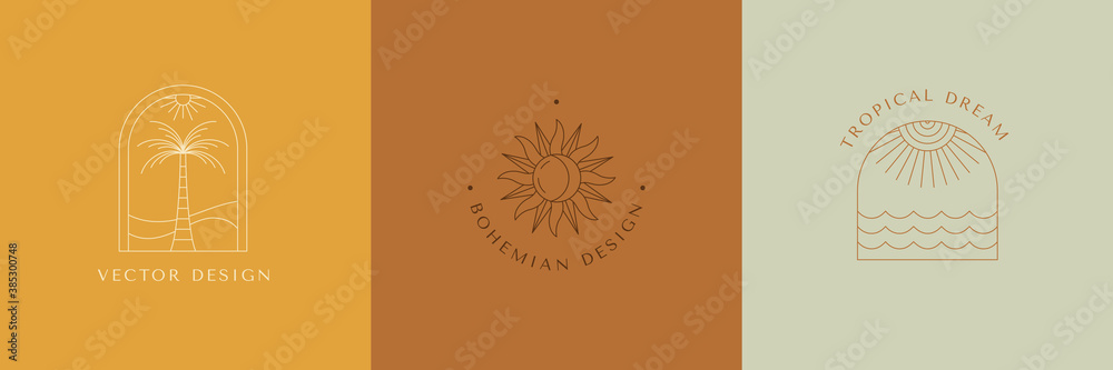 Fototapete Vector set of linear boho icons and symbols - sun logo design templates  - abstract design elements for decoration in modern minimalist style