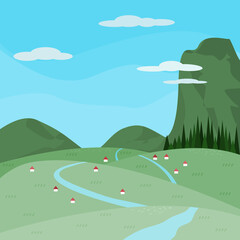 Illustrator vector of village in middle of mountain, view of mountain, meadow and blue sky
