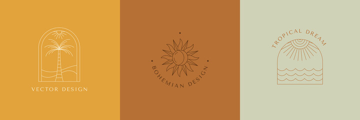 Vector set of linear boho icons and symbols - sun logo design templates  - abstract design elements for decoration in modern minimalist style