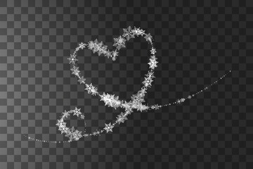 Heart shaped snowflakes in a flat style in continuous drawing lines. Trace of white dust. Magic abstract background isolated on on transparent background. Miracle and magic. Vector illustration flat